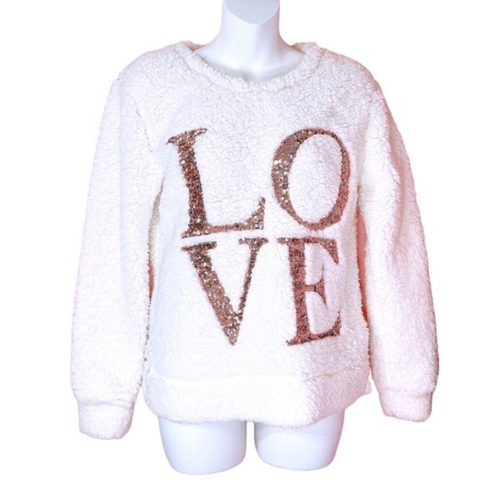 Miss Chievous Fluffy White Copper Sequined LOVE Winter Sweater